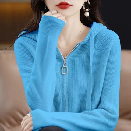 连帽针织衫外套女秋冬款双拉链宽松显瘦毛衣韩版简约气质上衣开衫
