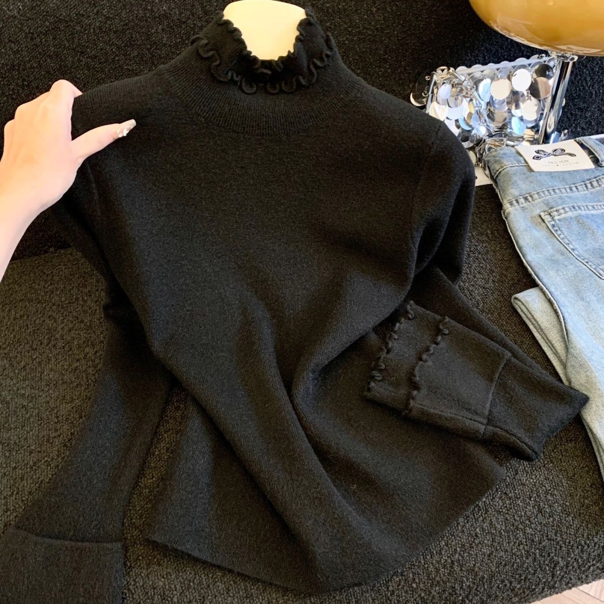 韩系新款灰色花边高领针织打底衫女2025秋冬季气质修身巨好看上衣