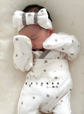 PEEKABOO韩国进口新生儿碎花套装斜襟和尚服高腰大PP护肚裤发带
