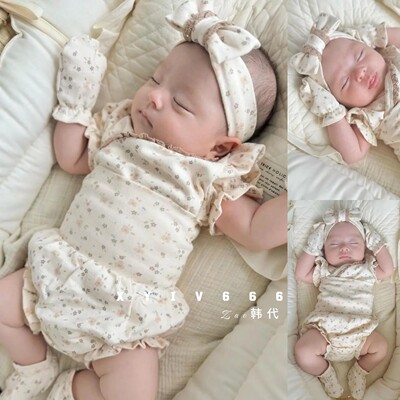 韩国进口peekaboo女宝宝夏季新生儿纯棉泡泡袖和尚服高腰护肚套装