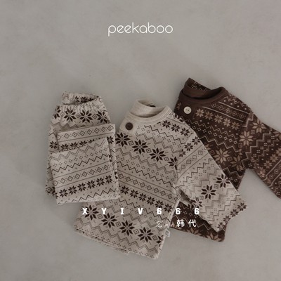 韩国进口PEEKABOO婴儿雪花爬服连体衣梅花鹿家居服套装秋衣秋裤