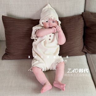 PEEKABOO韩国代购婴儿木耳边短袖连体哈衣女宝宝夏季华夫格爬服