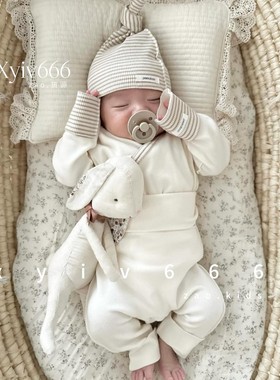 韩国进口童装peekaboo新生儿春秋拼色纯棉斜襟上衣裤子帽套装春秋