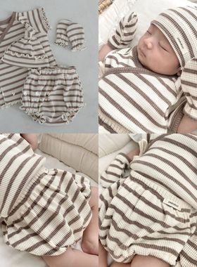 韩国进口peekaboo女宝宝夏季新生儿华夫格波浪和尚服高腰护肚套装