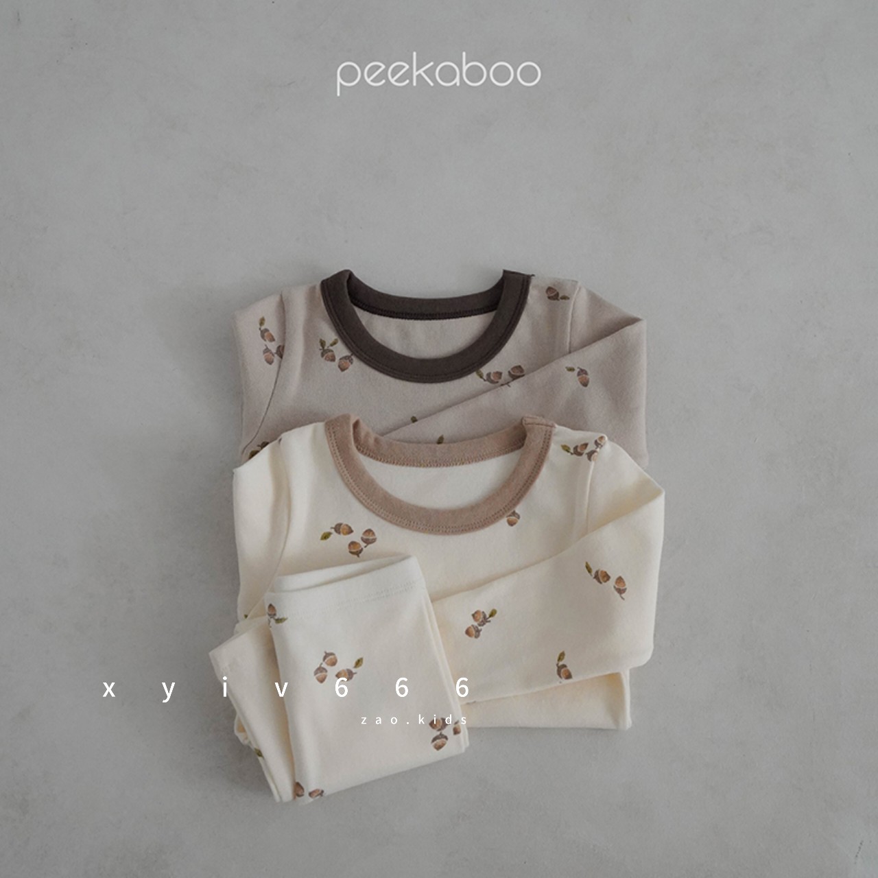 韩国进口peekaboo婴幼儿秋冬儿童可爱纯色板栗印花家居服睡衣套装