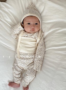 韩国进口peekaboo新生儿春秋纯棉碎花斜襟上衣高腰裤帽子套装正品