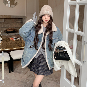 牛仔羊羔毛外套女冬季新款韩系派克服小个子流行加绒加厚休闲棉服图片