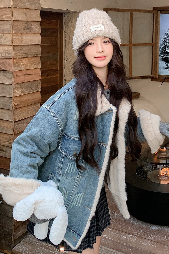 牛仔羊羔毛外套女冬季新款韩系派克服小个子流行加绒加厚休闲棉服,女装棉衣/棉服,浙宝108