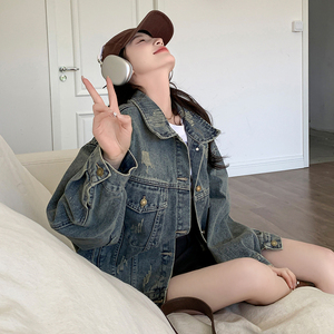 美式复古慵懒chic短款牛仔外套女春秋超火好看工装夹克上衣ins潮图片
