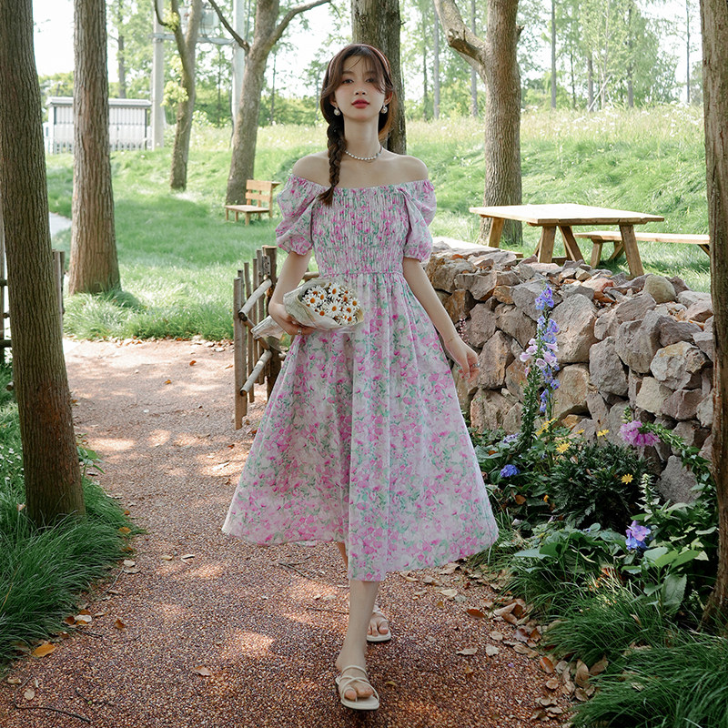 B5851现货主推爆2023温柔风粉色碎花连衣裙P110K158，女装连衣裙，浙宝108