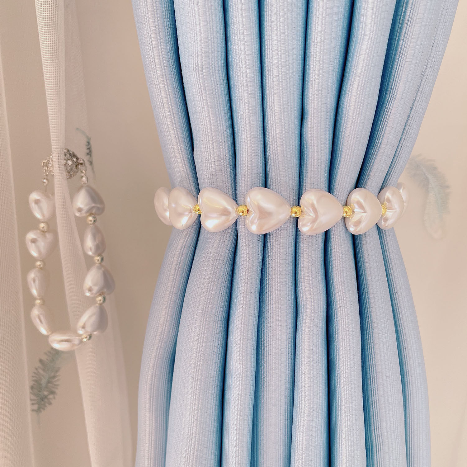 心心相印窗帘绑带卧室客厅珍珠窗帘扣束带水钻磁铁扣窗帘装饰绑绳,居家布艺,窗帘绑带,淘宝优惠券,粉丝福利购,淘宝优惠卷