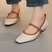 TPR底时尚 简约风方头玛丽珍鞋 女3cm粗跟一字扣真皮百搭浅口单鞋