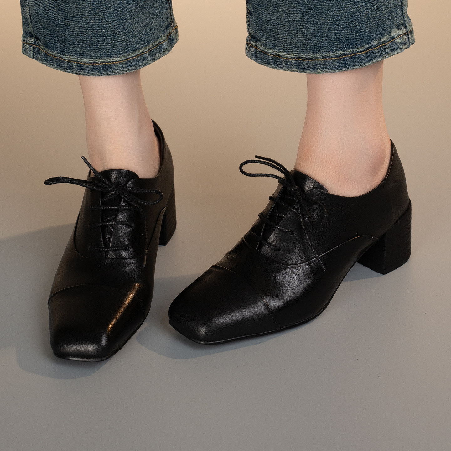 英伦风复古方头深口单鞋女中跟粗跟真皮系带小皮鞋百搭通勤时尚,女鞋,深口单鞋,淘宝优惠券,粉丝福利购,淘宝优惠卷