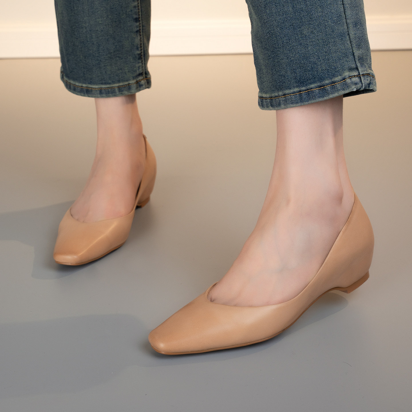 简约风方头浅口单鞋女内增高通勤鞋舒适软底一脚蹬杏色TPR牛筋底,女鞋,浅口单鞋,淘宝优惠券,粉丝福利购,淘宝优惠卷