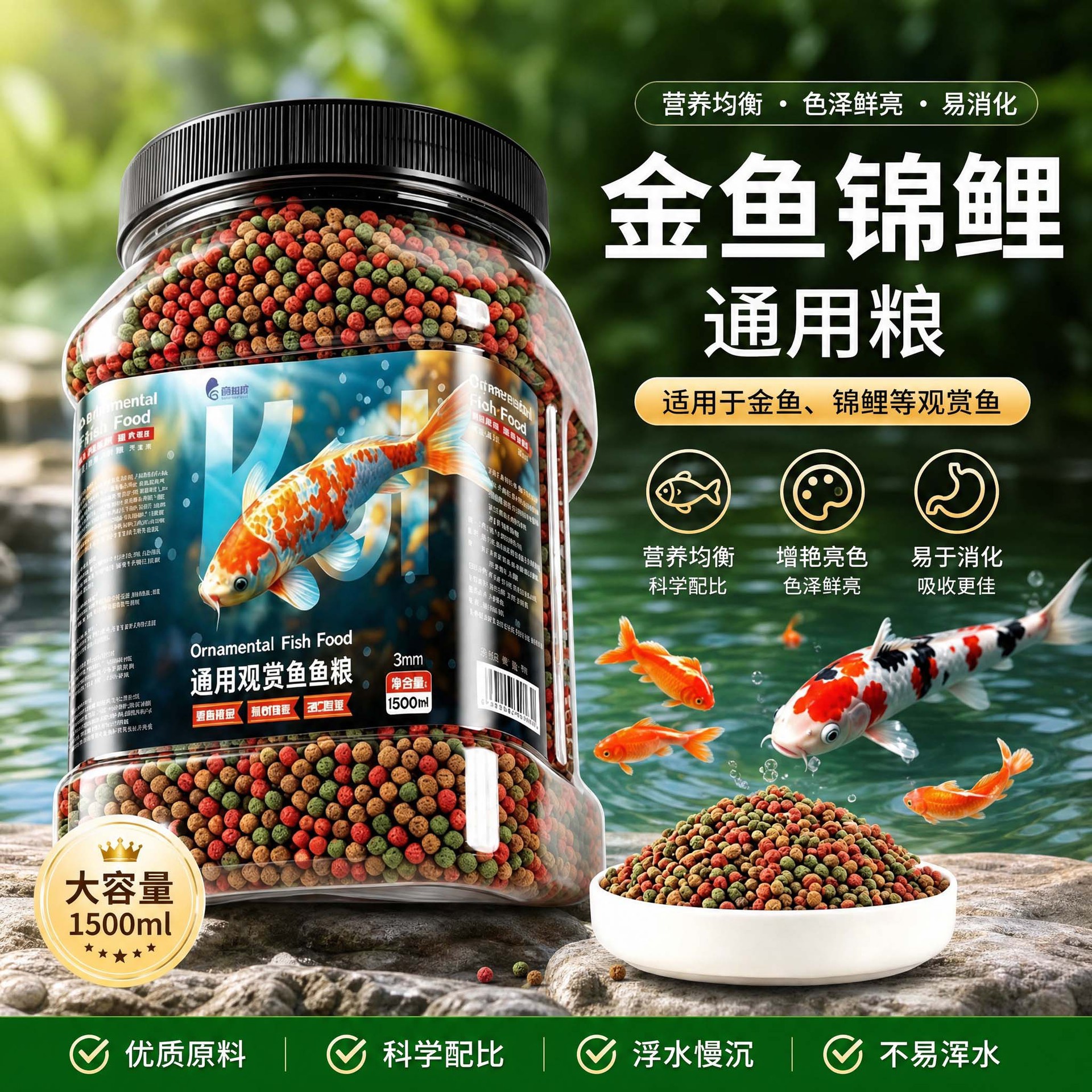 鱼粮通用型小颗粒1mm3mm观赏鱼金鱼锦鲤粮小型鱼上浮型营养鱼饲料