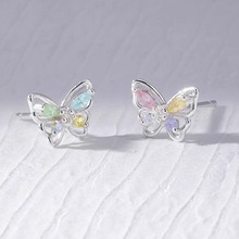 蝴蝶耳钉女S925纯银彩色锆石耳环设计感小众新款高级感精致耳饰