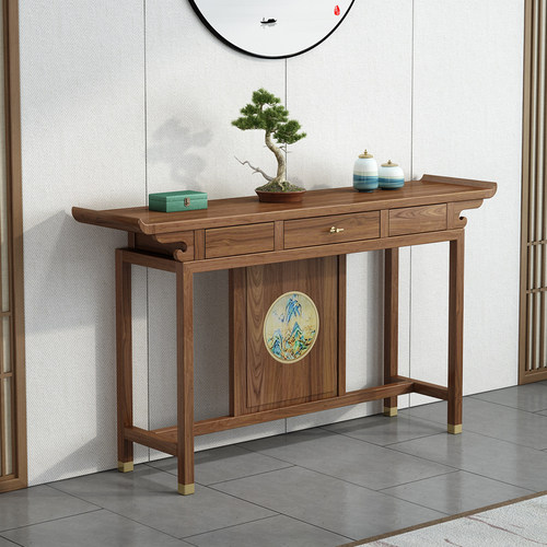 新中式玄关台实木禅意入户门厅榆木胡桃木色玄关桌条案玄关架轻奢