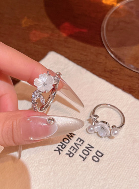 法式复古高级感花朵戒指女时尚百搭珍珠食指戒个性指环手饰品批发