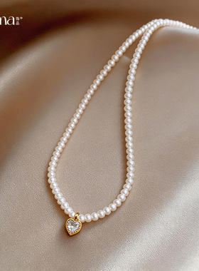 14k真金电镀锆石爱心珍珠项链轻奢小众锁骨链巴洛克复古百搭项饰