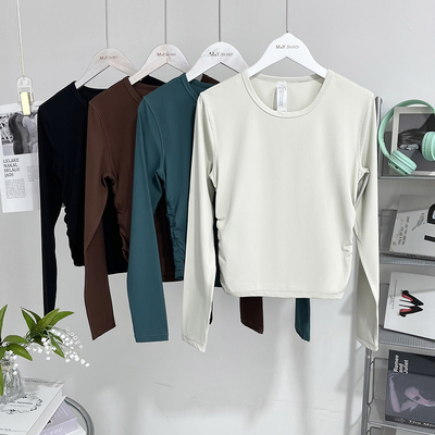 百搭神衣Iu系侧抽螺纹收腰显瘦瑜伽长袖透气速干短款健身运动上衣