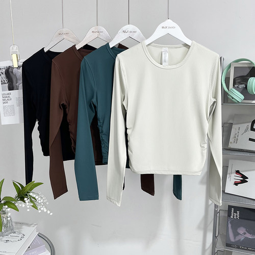 百搭神衣Iu系侧抽螺纹收腰显瘦瑜伽长袖透气速干短款健身运动上衣