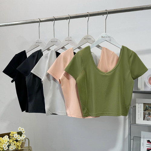 绝绝子~LL夏季性感大U领露背运动T恤 净色亲肤透气速干瑜伽短袖女