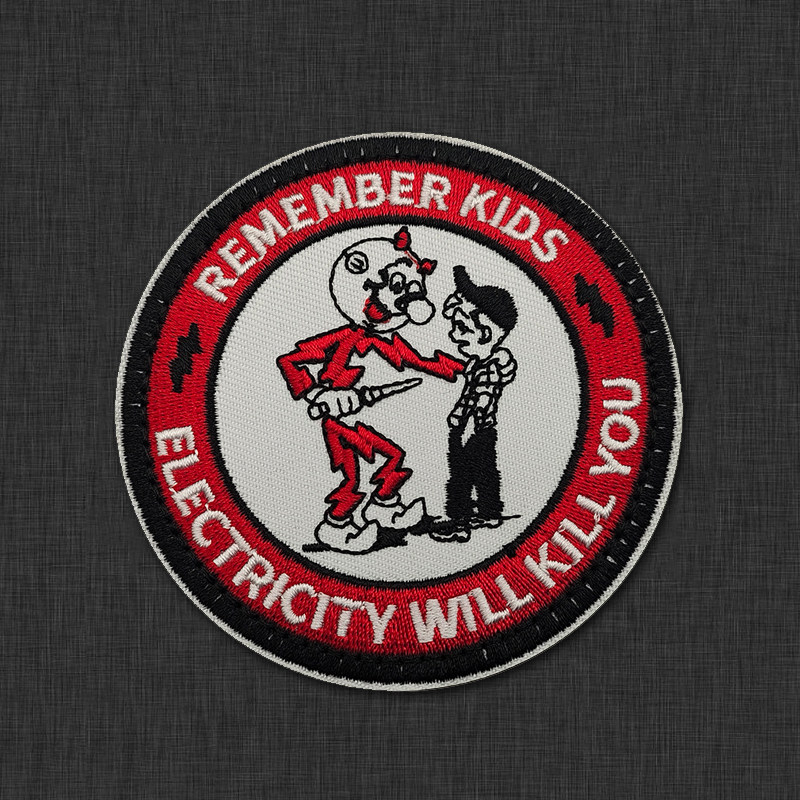 当心触电英文卡通警示贴刺绣臂章魔术贴背包贴补丁徽章绣花章