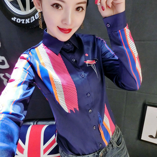 印花衬衫女长袖2026春季新款时尚撞色翻领衬衣缎面雪纺上衣打底衫