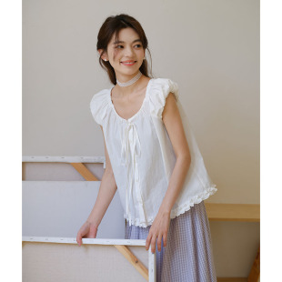上衣女 白色无袖 衬衣女2025夏季 新款 文艺气质清凉甜美木耳花边衬衫