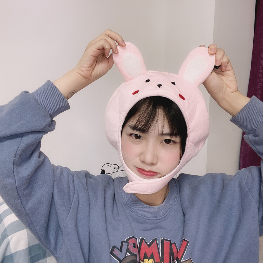 日韩ins搞怪少女心可爱短耳朵小兔子头套帽子淡粉色拍照表演道具