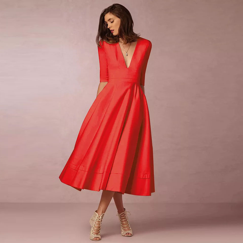 欧美时尚高端秋季新款纯色深V领性感A字中长款中袖连衣裙女DRESS