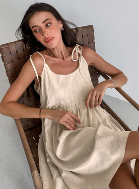 Linen Dress Women Elegant Spaghetti Strap A-Line Loose Dress