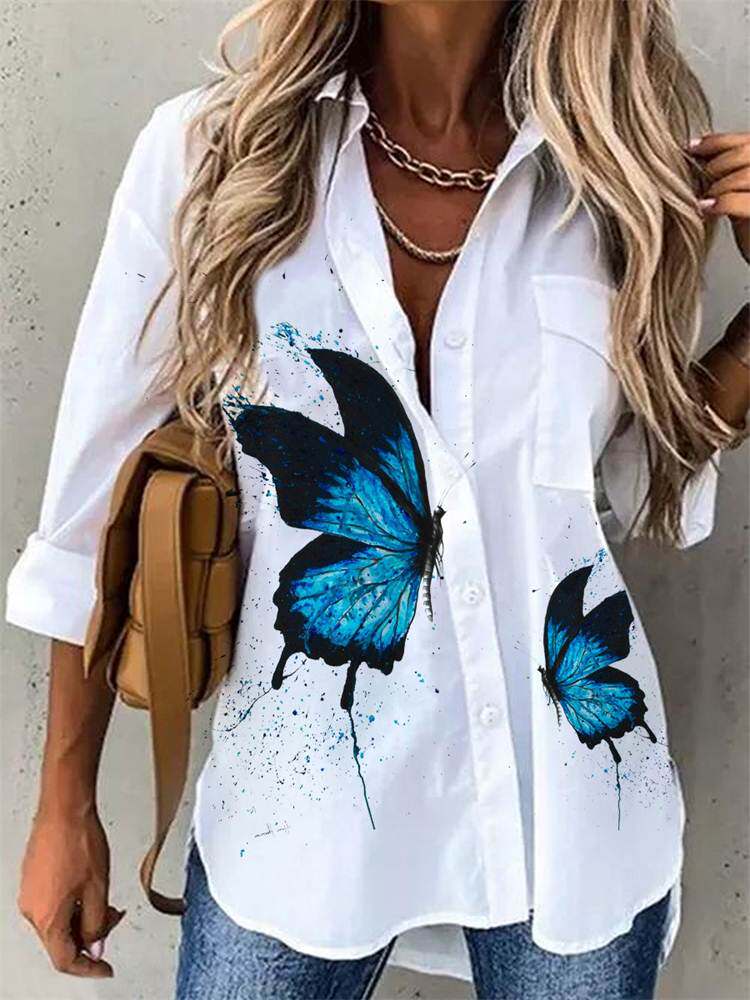 Long sleeve shirt with butterfly print lapel蝴蝶印花长袖衬衫