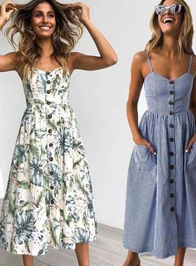 Vintage Casual Sundress Female Beach Dress Midi Button Backl