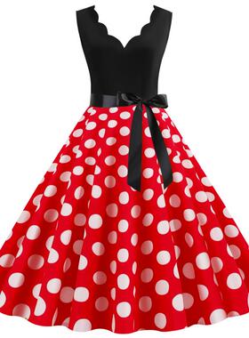 2020亚马逊夏季赫本风圆点波点V领烧花无袖修身拼接大摆洋装5色