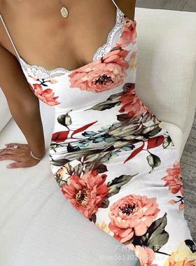 2023欧美女装新款蓝色花卉印花拼接蕾丝吊带裙Printed lace dress