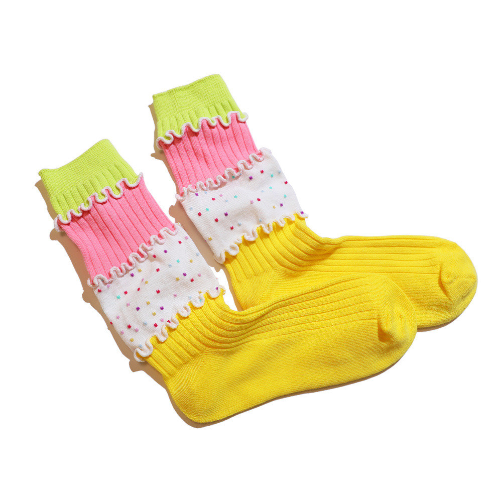 （3双包邮）多巴胺糖果彩色拼接蛋糕波浪线手工拼接双针中筒