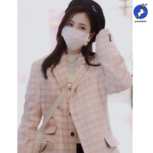 5折现货白鹿同款千鸟格毛呢外套