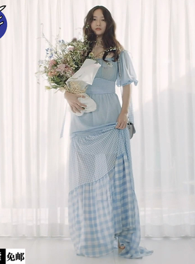4折 现货 KYE 19春夏 郑秀晶Krystal同款 粉蓝色格纹连衣裙19DA08