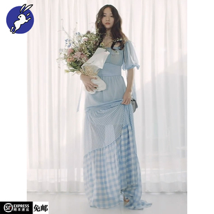 4折 现货 KYE 19春夏 郑秀晶Krystal同款 粉蓝色格纹连衣裙19DA08