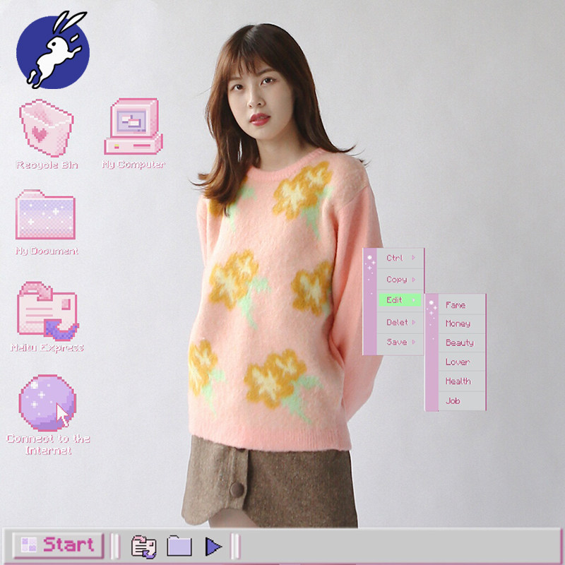 现货 Margarin Fingers 半高领毛衣女宽松套头花朵粉色针织衫上衣