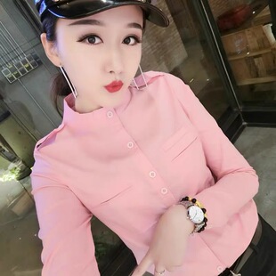 职业OL新款时尚立领衬衫女弹力棉修身显瘦格子条纹上衣工装衬衣潮