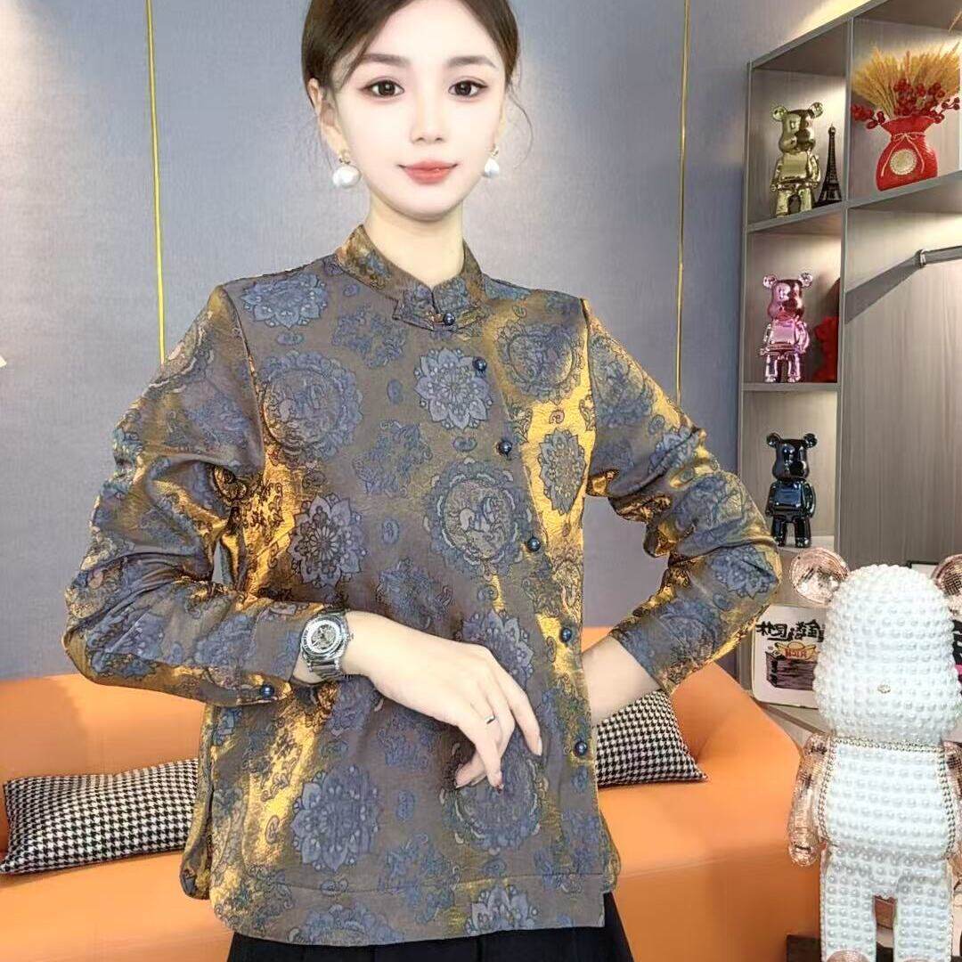 Z7377加绒保暖高级感浮光锦国风立领提花长袖衬衫女气质显瘦上衣