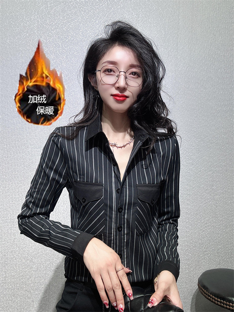 加绒保暖竖条纹衬衫女秋冬新款修身显瘦拼色衬衣减龄OL打底衫