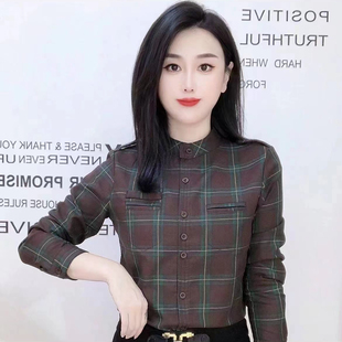 加绒保暖拼色立领格子女士衬衫撞色拼接气质减龄衬衣打底衫上衣潮