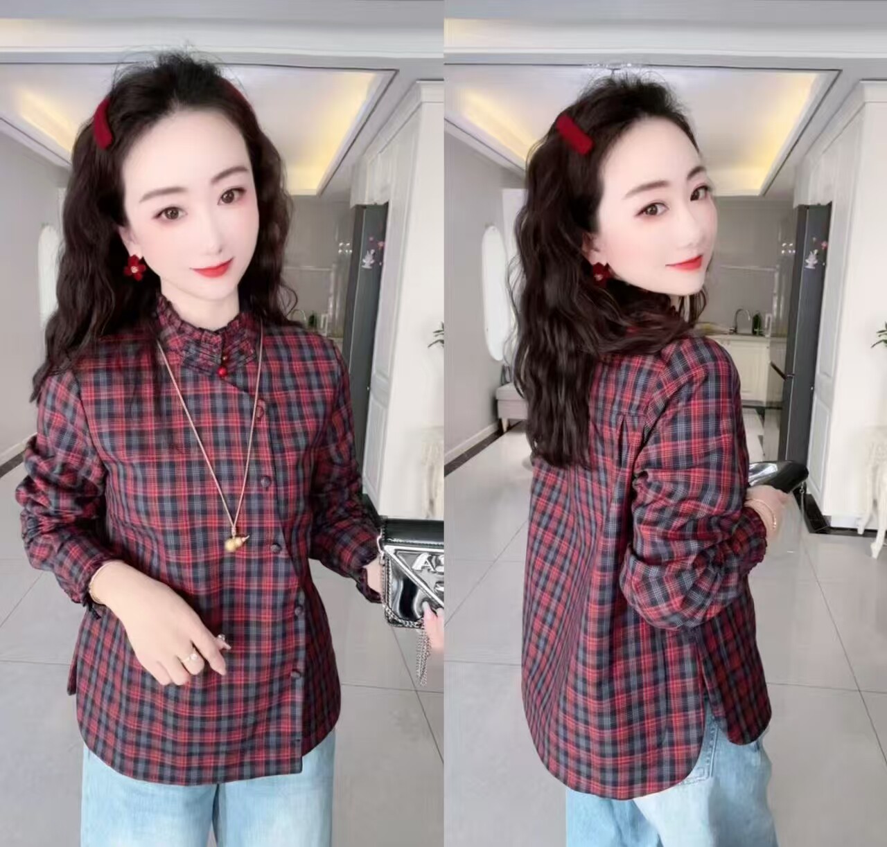 加绒保暖彩色格子衬衫女新款时候翻领打底衫单排扣长袖衬衣上衣