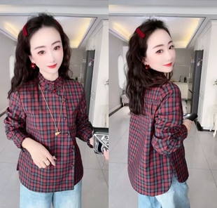 加绒保暖彩色格子衬衫女新款时候翻领打底衫单排扣长袖衬衣上衣
