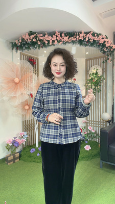 Z7365秋季新款新中式国风高级感格纹气质感立领显瘦长袖衬衫女