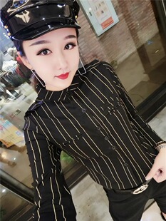 时尚立领衬衫女弹力修身棉质长袖上衣条纹打底不规则格子衬衣韩版