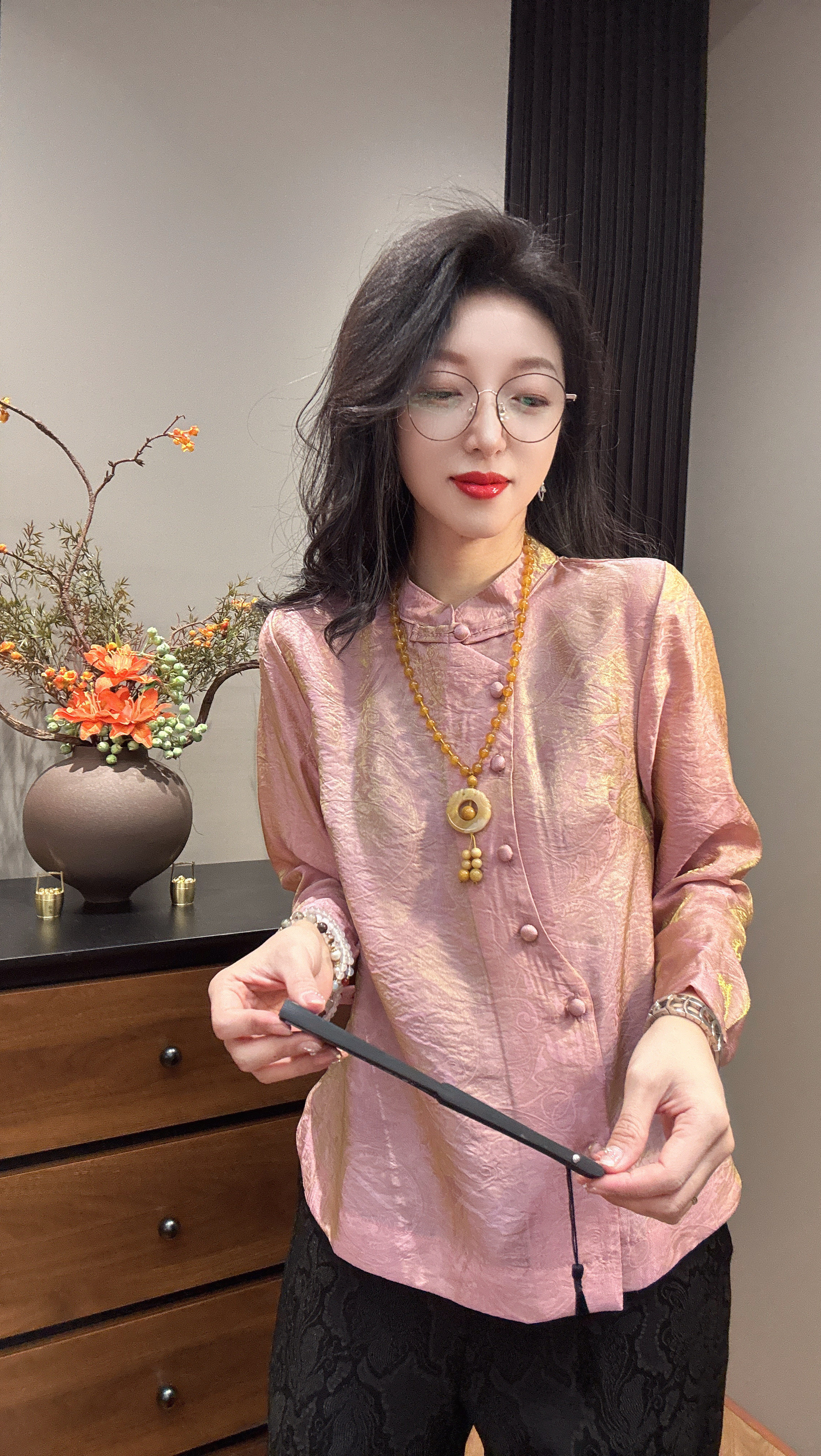 超好看人丝浮光锦国风衬衫女新中式修身立领显瘦唐装汉服上衣打底